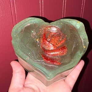 Handmade Heart-Shaped Resin Trinket Dish with Red Glitter Rose
